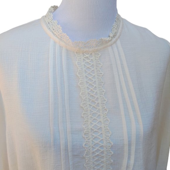 Blu Pepper Ivory Blouse High Neck 3/4 Sleeves Lace Trim Modest - Picture 3 of 10
